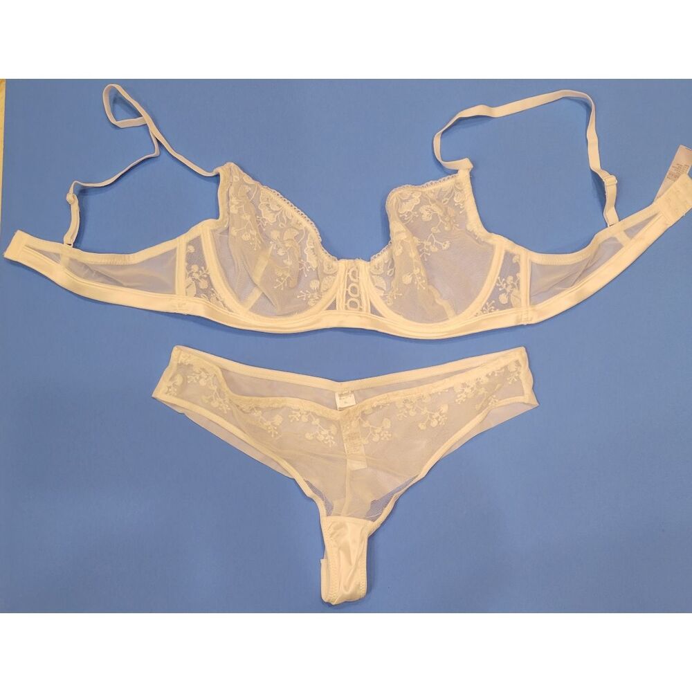 White Sheer Unlined Underwired Bra Thong Lingerie Set 36B/XL